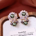 Detail of vintage flower stud earrings with purple resin petals and green pearls - Vintage Floral Pearl Tassel Earrings / Purple/Green (Silver Pin)