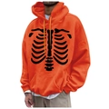 Men's orange fleece hoodie with black skeleton rib cage print and kangaroo pocket - S / Tops / Orange