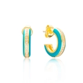 Macro detail of blue enamel C-shape hoop earrings with white zircon inlays and gold plating - Blue