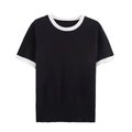 Gebreid T-shirt voor dames met korte mouwen en witte contrastrand op zwarte ronde hals - Zwart