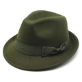 Classic dark green wool felt fedora hat with matching ribbon bow on white background - Army Green