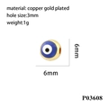 Detailed view of a 6mm gold plated evil eye charm with hole size and weight specs - P03608 Round Light Blue Eye