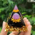Handheld Orgonite pyramid with amethyst ball, lotus charm, and obsidian stones - 6cm / A1-Amethyst Ball Lotus Obsidian