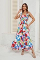 Dettaglio di abito con stampa astratta colorata, gonna a balze multistrato e spalline - S / Multicolore