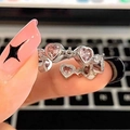 Adjustable silver ring featuring three pink heart gemstones and tiny sparkling zircons - Sweet Pink Heart Three-Stone Style - Silver