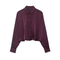 Camisa de satén magenta para mujer con cuello de solapa y adornos de cuentas chic - XS / Fucsia
