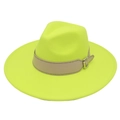 Detail of neon yellow fedora hat showing wide brim and faux leather belt with metal buckle - Fluorescent Green