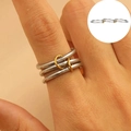 Three linked stainless steel rings in silver and gold minimalist stacked style - Three-ring Two-buckle Minimalist Two-tone Style (4728) / Steel and Gold / US 8
