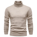 Men's turtle neck knit sweater in beige cashmere blend with ribbed cuffs and hem - Turtleneck Khaki