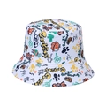 Detail of white cotton bucket hat featuring colorful cartoon graffiti and cooking patterns - White Cartoon Hot Dog Graffiti (L)