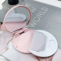Pink portable round makeup mirror and white folding comb set for student gift - Sakura Pink
