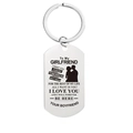 Macro detail of engraved stainless steel dog tag keychain for girlfriend with romantic text - AY07 (To My Girlfriend - Silhouette)