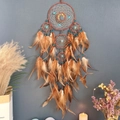 Bohemian large brown dream catcher with turquoise beads and feathers wall decor - Coffee Five-ring Crystal