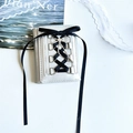 Silver ballet-style tri-fold wallet featuring black corset ribbons and bow charm - Black Ribbon Balletcore Wallet