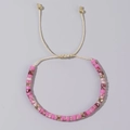 Bohemian woven drawstring bracelet with pink stone beads and gold metal spacers - Pink White Marble Beads-Cream Cord-Single Bracelet