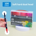 Set of 100 colors dual tip watercolor markers with fine and brush tips in a clear case - 100 Colors Black Barrel