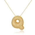 Detailed close-up of golden bubble letter Q pendant necklace with sparkling zircons - Letter Q (D1079-Q)