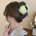 Elegant yellow fabric rose hair claw clip for women's updo hairstyles in soft tulle - Pale Yellow Gauze Rose with Green Leaves (Claw Clip)