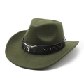 Close-up of olive green cowboy hat with leather band and silver bull head metal ornament - M (56-58cm) / Army Green