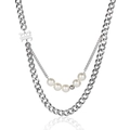 Silver double layer titanium steel necklace with white pearls and H letter pendant - Silver Double Layer (55cm)