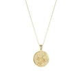 Golden round pendant necklace with floral engraving and zircon stones on white background - November - Chrysanthemum