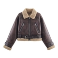 Deep brown faux leather bomber jacket with beige shearling trim on a clean white background - XS / Coffee
