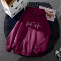 Fleece lined hoodie in wine red color with white heartbeat print and kangaroo pocket - S / Tops / Burgundy