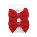 Pair of red textured bubble fabric bow hair clips for girls on a white display card - Red