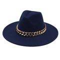 Detail view of navy blue wide brim fedora with rose gold acrylic chain decoration - Adult (57-60cm) / Navy Blue