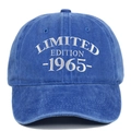 Detailed close-up of LIMITED EDITION 1965 embroidery on blue washed denim baseball cap - Sapphire Blue