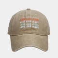 Detail showing Love Like Jesus colorful heat transfer print on khaki cotton baseball cap - Adjustable / Khaki