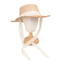 Detail of flat top straw sun hat with wide brim and white floral lace ribbons - M (56-58cm) / Light Brown Straw With White Lace Ribbon (C#)