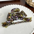 Pinza per capelli in acetato a fiocco con motivi di pietre colorate verdi e viola - 11.4cm / Verde Scuro Floreale