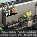Dark grey stainless steel kitchen organizer set with knife holder and sponge rack - Grey Combination Set (Knife Holder + Dishcloth Drain Rack)