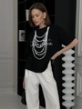 Black cotton t-shirt with pearl necklace print and precious deposits text design - S / Black