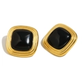 Vintage 18K gold plated stainless steel square earrings with glossy black center surface - Textured Square Black Jade Style (E8120) / Gold/Black