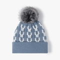 Berretto invernale in maglia azzurro con motivo a Y bianco e pompon grigio - Taglia unica / Blu grigiastro (24B025)