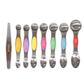 7-piece stainless steel magnetic measuring spoons set with multi-colored handles on white - Bagged Colorful Double-Ended Measuring Spoons And Leveler (F155C)