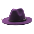 Detail of dark purple wool fedora hat featuring a vintage brown leather decorative band - M (56-58cm) / Purple