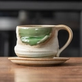 Japanese retro green ceramic coffee cup and saucer set with unique coarse pottery texture - 201-f Large-bellied Cup + Saucer 250ml / Universal