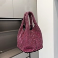 Sparkling rose red rhinestone hobo bucket handbag with matching crystal double handles - Rose Red