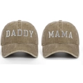 Detailed close-up of Daddy and Mama 3D embroidery on washed cotton baseball caps - 2pcs Khaki (DADDY+MAMA)