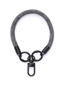 Close-up of woven gray fabric phone wrist strap with black metal swivel hook details - Black Oyster