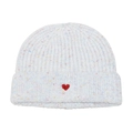 Detailed view of white speckled knit beanie with red heart embroidery and folded cuff - M (56-58cm) / Blue