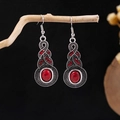 Detail of bohemian drop earrings with red stone and antique silver floral carvings - Retro Silver + Deep Red Stone + Rhinestone (E5775-17)