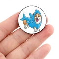 Round Corgi badge featuring a dog in blue shark costume with pin back closure - Corgi in Shark Suit (XZ4742)