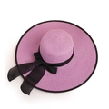 Detailed top view of purple straw sun hat with black ribbon bow and woven texture detail - M (56-58cm) / Light Purple