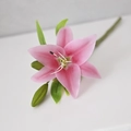 Detail of a pink artificial lily with two buds and realistic spotted petals for decor - Pink / 36 cm