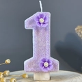 Sparkling purple number 1 birthday candle with glitter and 3D floral decorations - Number 1