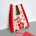 Red and white knitted tote bag with Happy Wedding text and floral pattern - Flower Xi